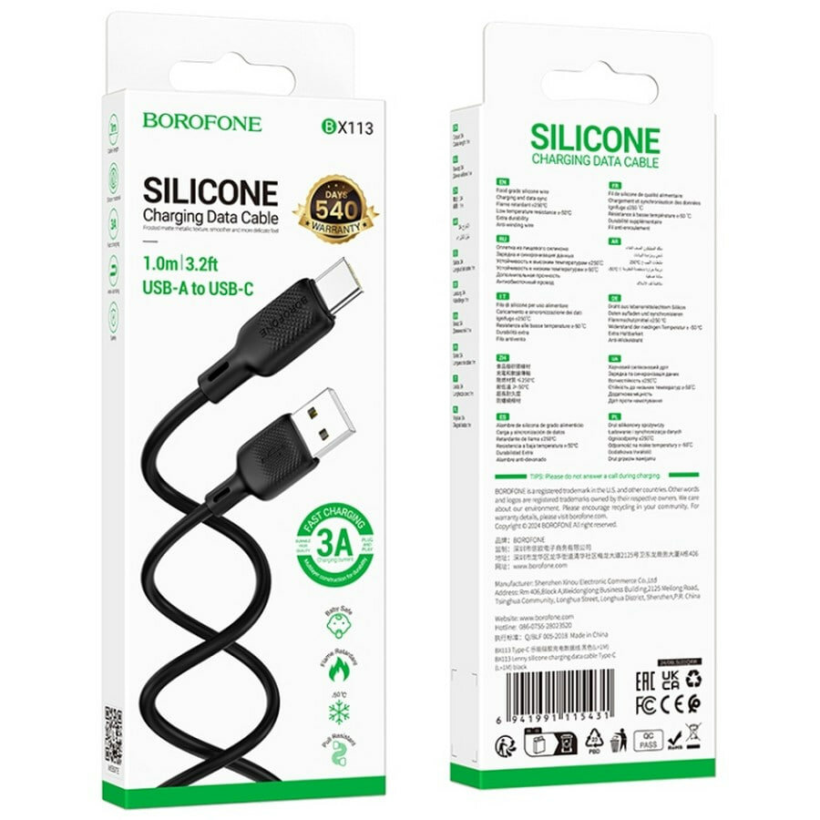 Borofone Lenny BX113 USB-Type-C kabeli, silikon, qora, 1m
