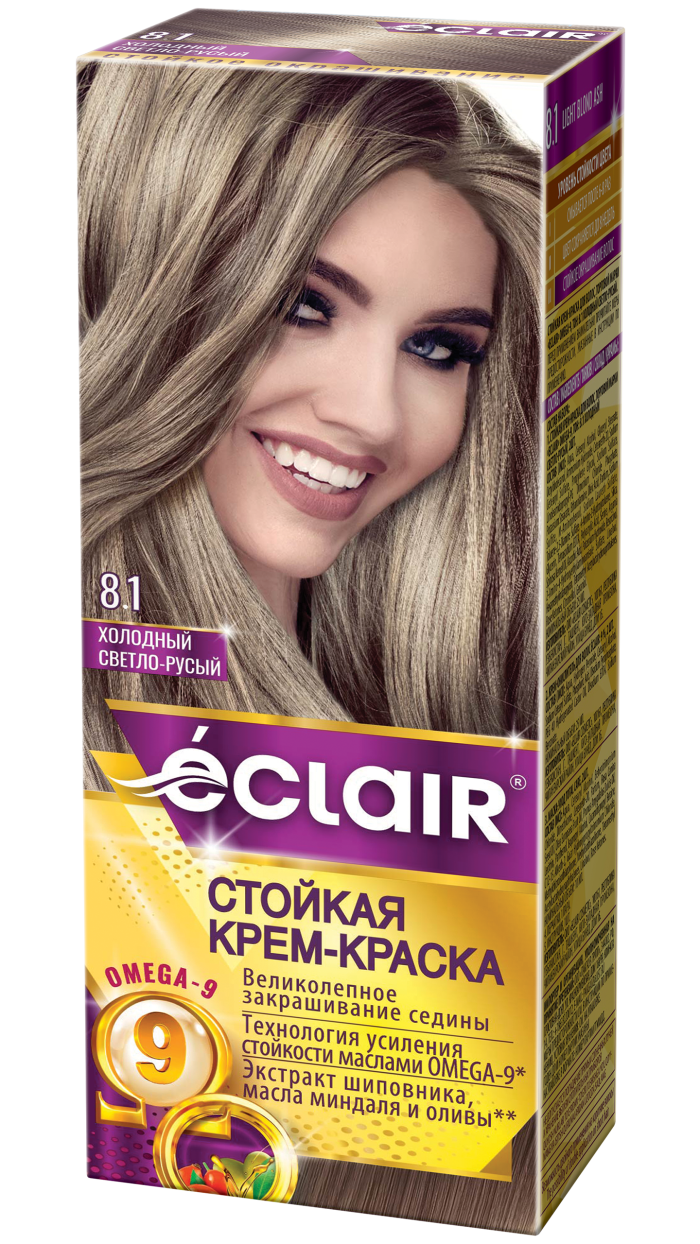 Крем-краска ECLAIR-Omega 8,1 "Холодный Светло-русый", с добавлением масел Омега-9, 100 мл,