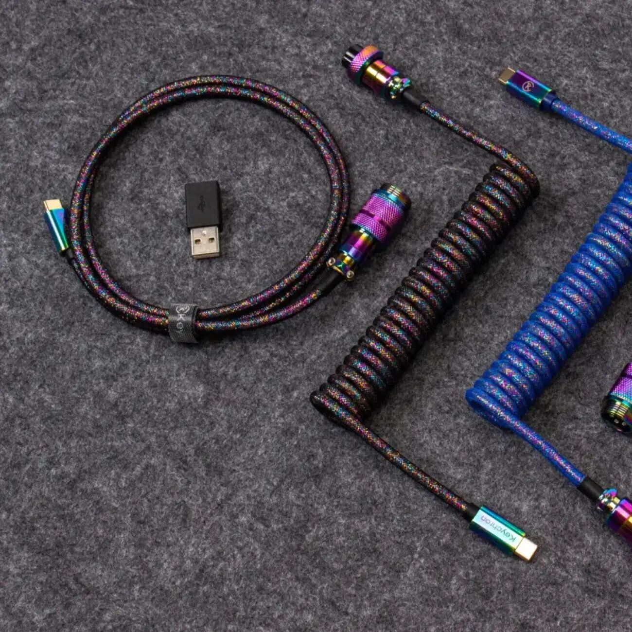 Кабель Keychron Premium Coiled Aviator Type-A/Type-C, прямой, радужный, чёрный