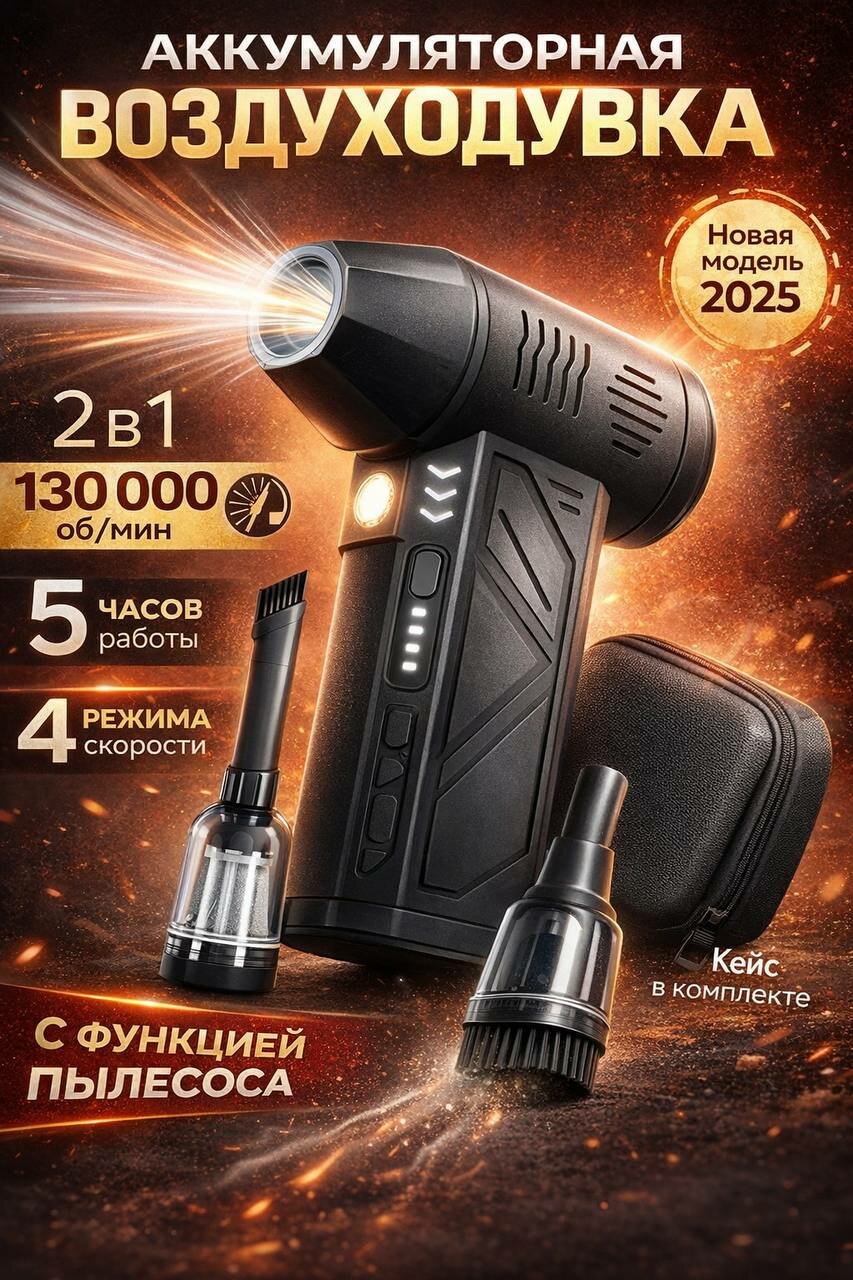 Воздуходувка аккумуляторная мощная, пылесос / ветродуйка с подсветкой /пылесос для авто / турбовенитилятор