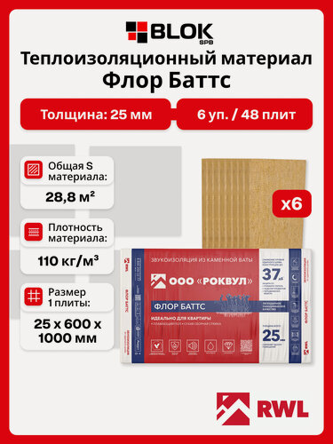 Изображение товара Rockwool Флор Баттс 25 мм (6 уп. / 28,8 м2 / 48 шт.) минеральная вата роквул для пола, фундамента, звукоизоляция