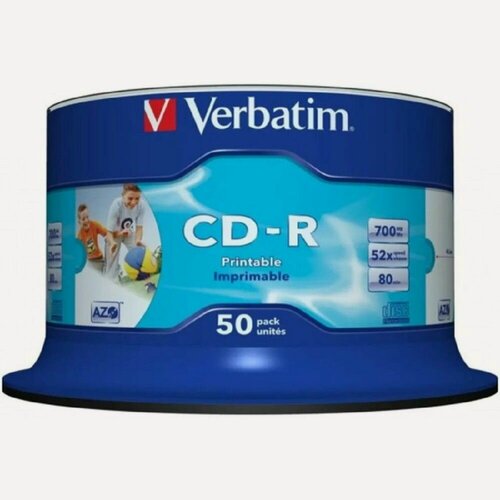 Изображение товара Verbatim Диск Диски CD - R 50 шт. Printable InkJet, 52 - x 700Mb, Cake Box 43309 43438