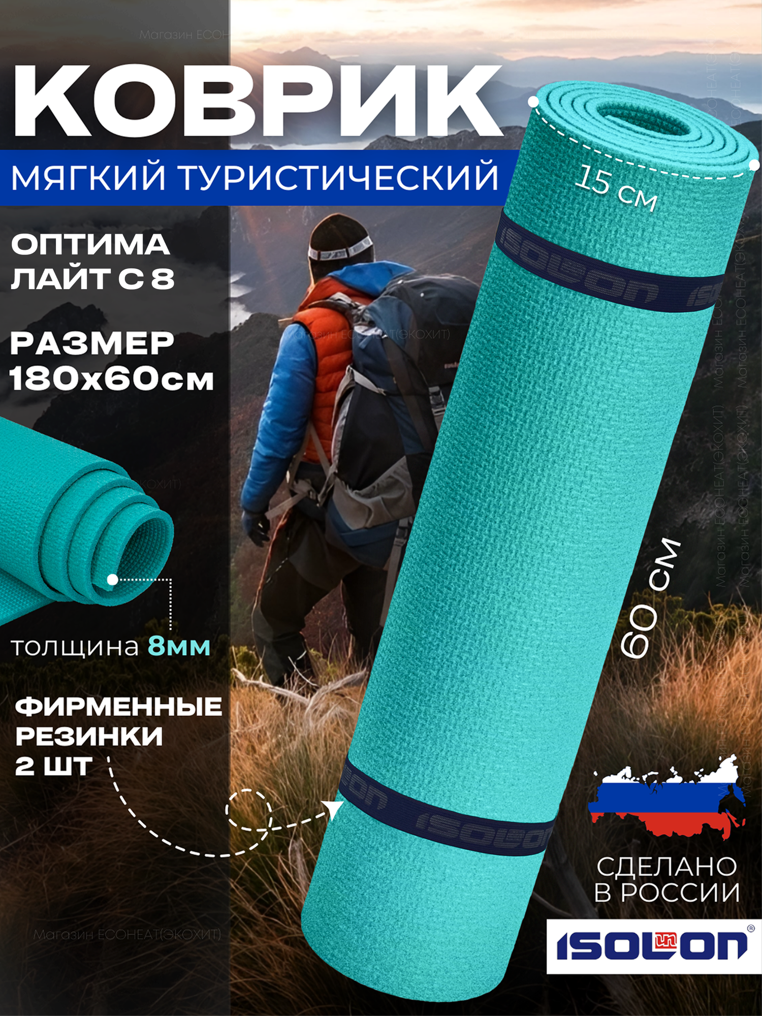 Коврик туристический оптима 8, 180х60 см бирюзовый (каремат плотный, эластичный)