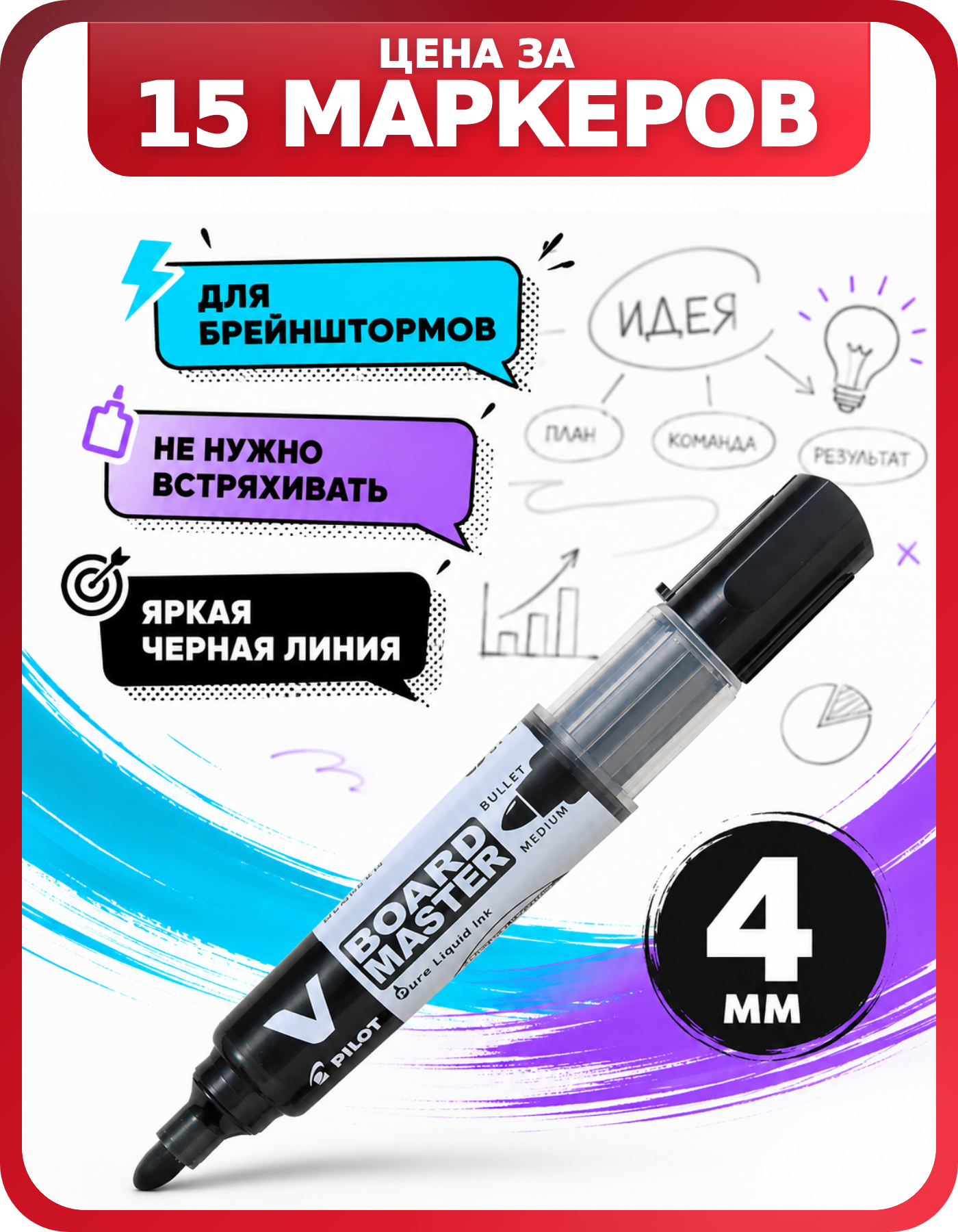 Маркеры для офисной доски PILOT черные, 15 шт