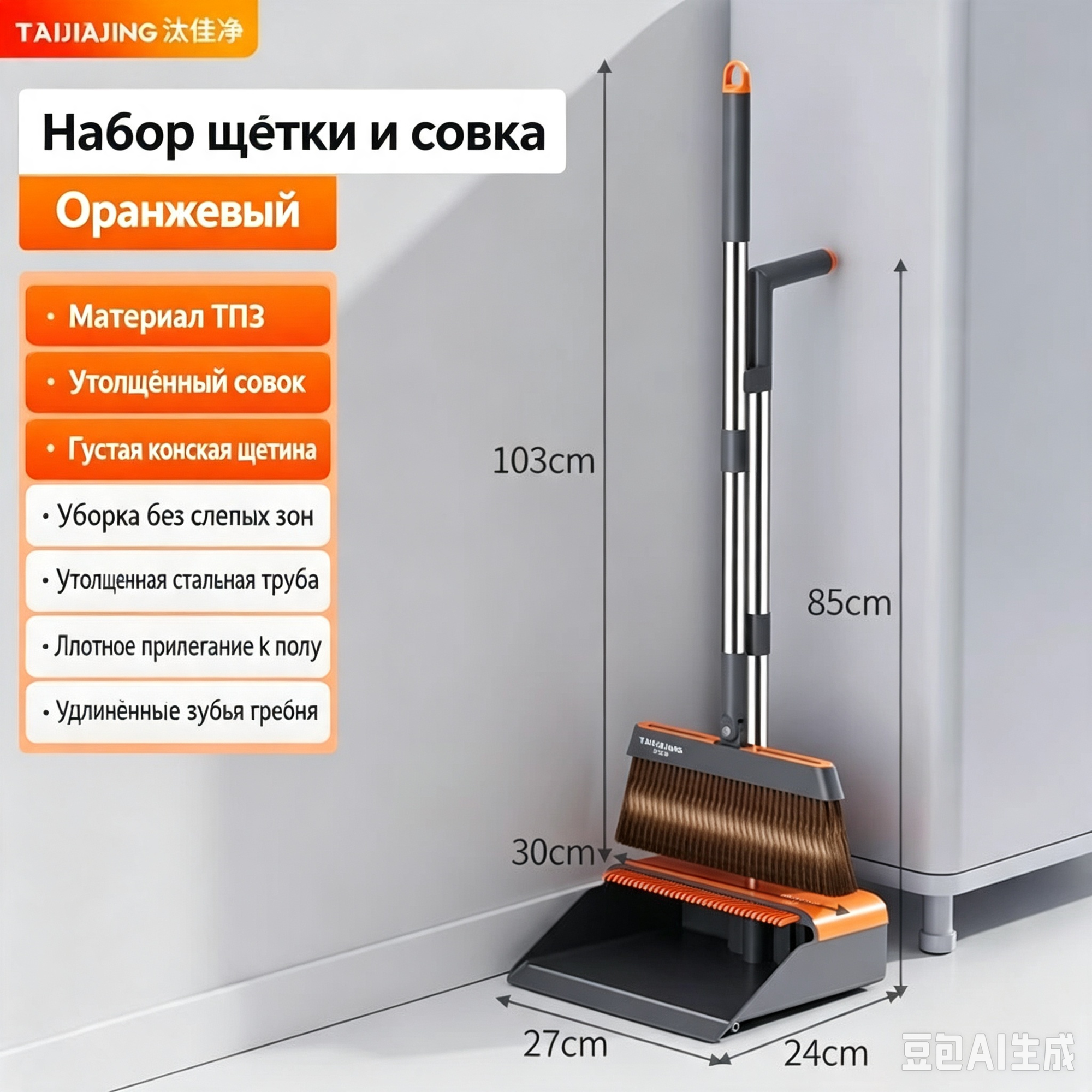 Комплект совка и щётки для уборки дома, утолщённая стальная ручка, густая щетина, для сбора пыли и шерсти животных