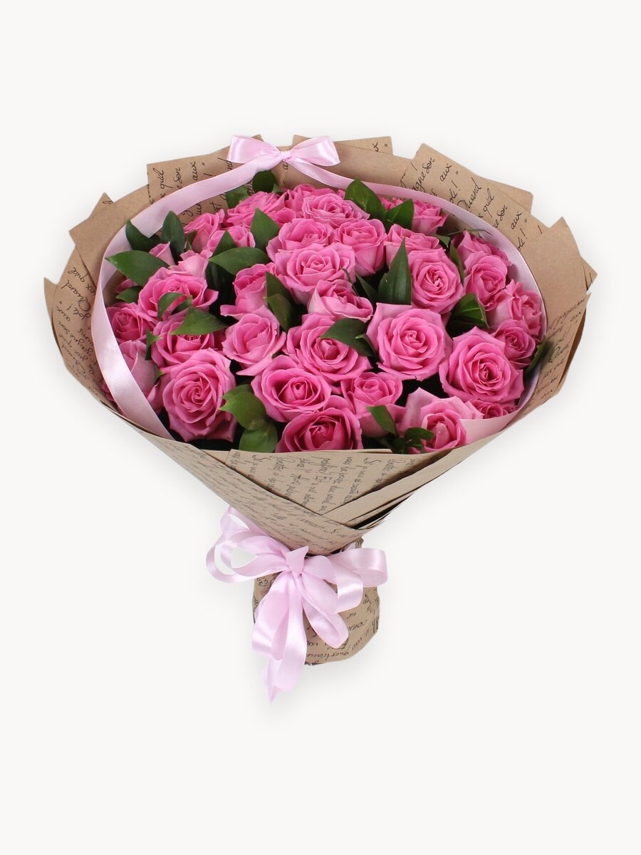 35 розовых роз 40см с зеленью