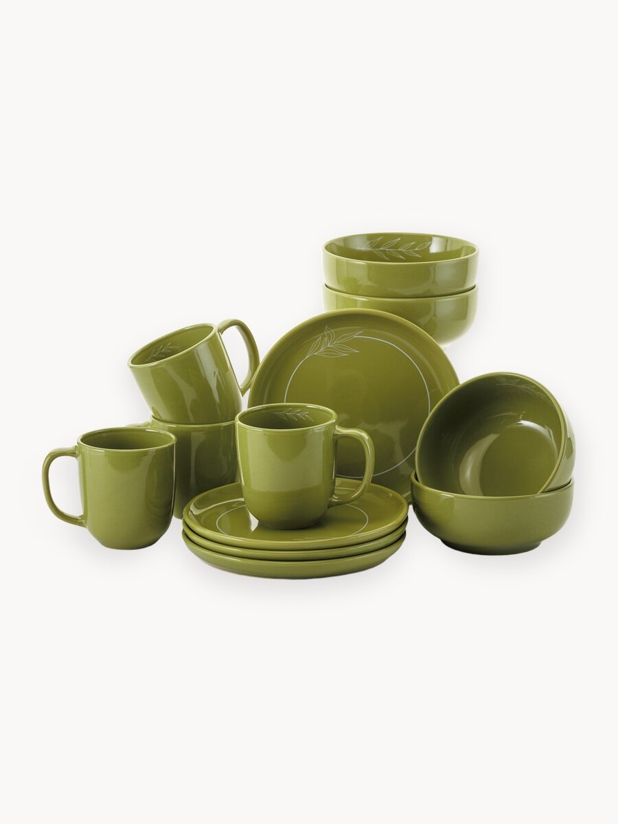 Сервиз обеденный на 4 персоны с кружками, 12 предметов "Оливковая ветвь", керамика, набор посуды столовой, цвет зеленый