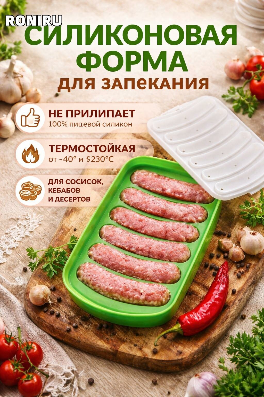 Силиконовая форма для запекания, выпечки — универсальная антипригарная для сосисок, кебабов, десертов и мясных блюд