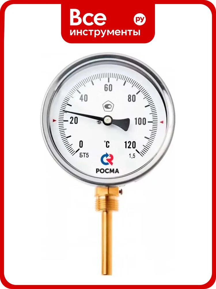 Термометр биметалличсекий росма 100мм, Тип - БТ-52.211. Диапазон 0-200С. Резьба G1/2. Длина штока 150мм. Степень защиты IP54 00000034919