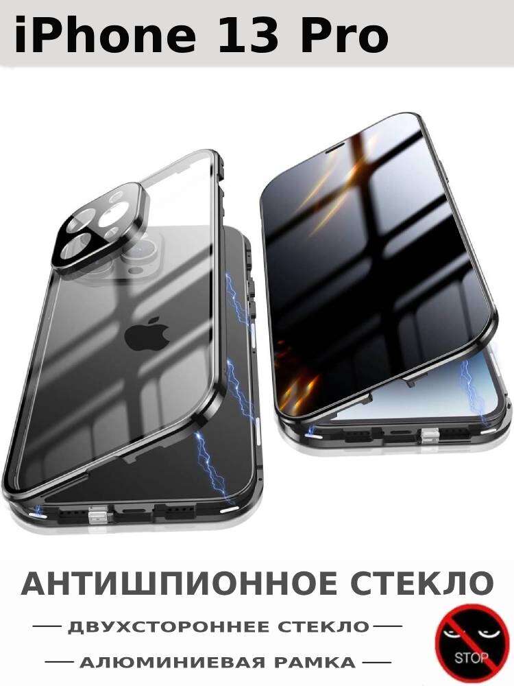 Чехол для iPhone 13 Pro, Антишпионский и Двустороннее стекло, Алюминиевая рамка и Магнитный, Чёрный