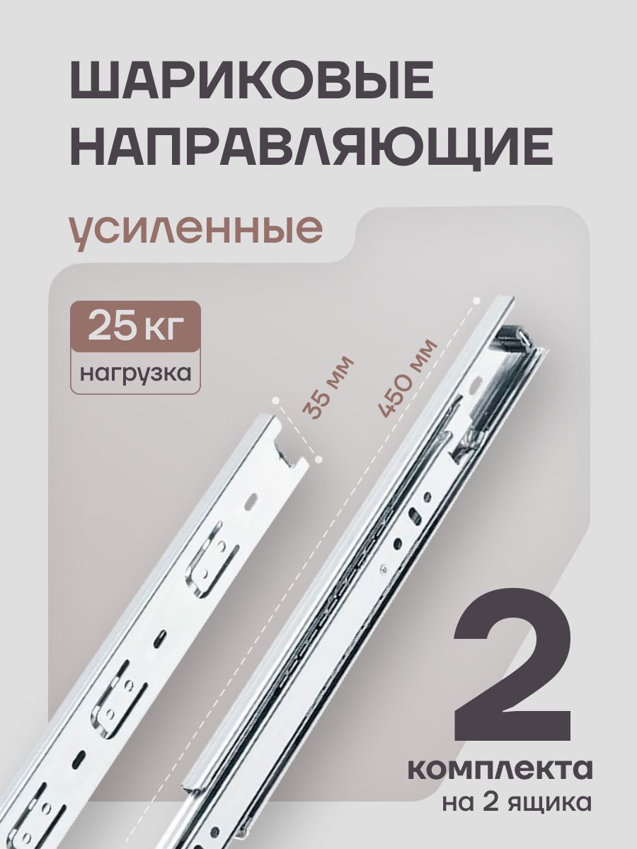 Направляющие шариковые 450 мм, высота 35 мм, 2 комплекта, мебельные для ящиков, без доводчиков