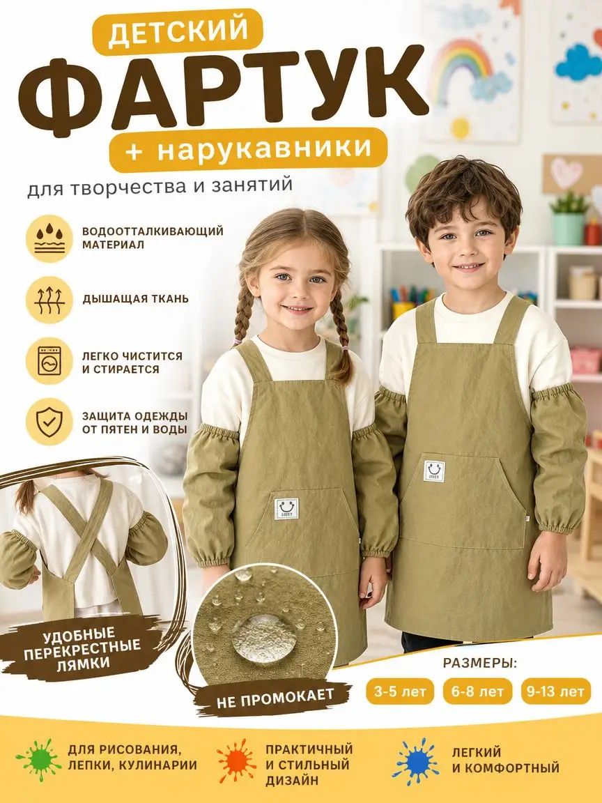 Детский непромокаемый фартук с нарукавниками для творчества, кулинарии и рисования, нейлон, водоотталкивающий, 3-13 лет