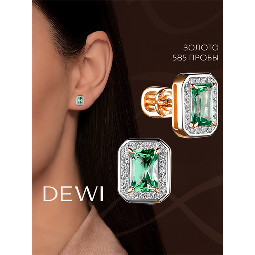 фото Серьги пусеты dewi, красное золото, 585 проба, фианит, изумруд синтетический, размер 7 мм, длина 9 см, , зеленый, золотистый, белый
