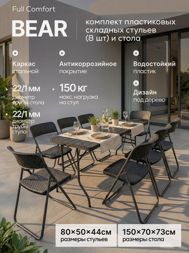 Изображение товара Комплект пластиковых складных стульев (8 шт) и стола (150х70х73 см) - Full Comfort, плетение под ротанг