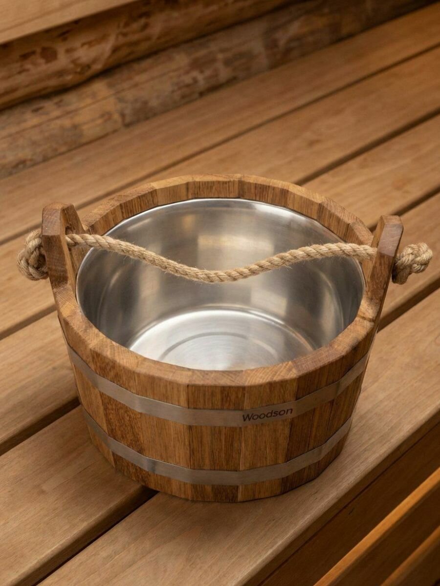 Шайка для бани Woodson с нержавеющей вставкой, 3,5 л, дуб — фото 1