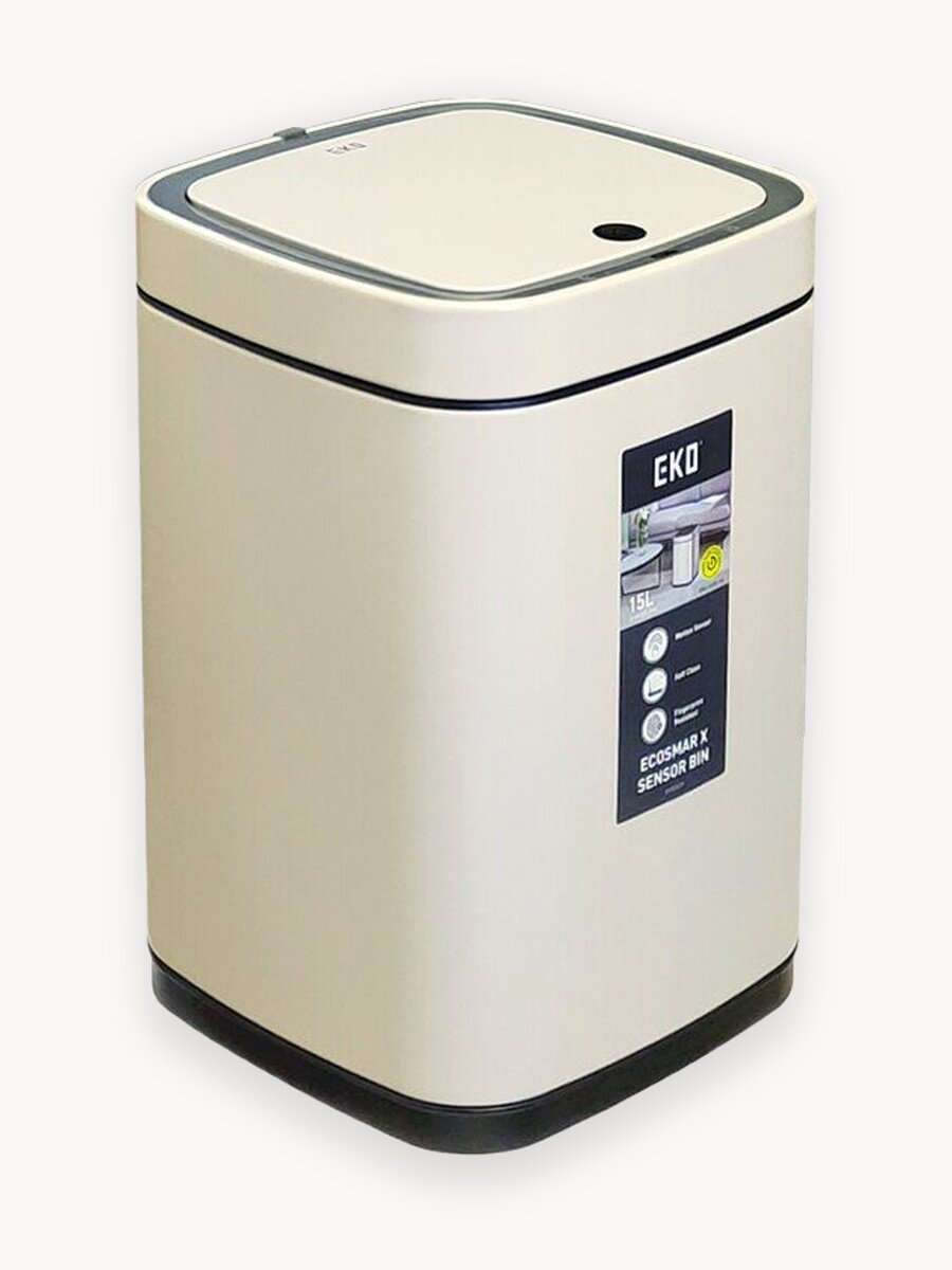 Мусорное ведро EKO сенсорное 15 литров, окрашенная сталь, светлый бежевый, перезаряжаемое