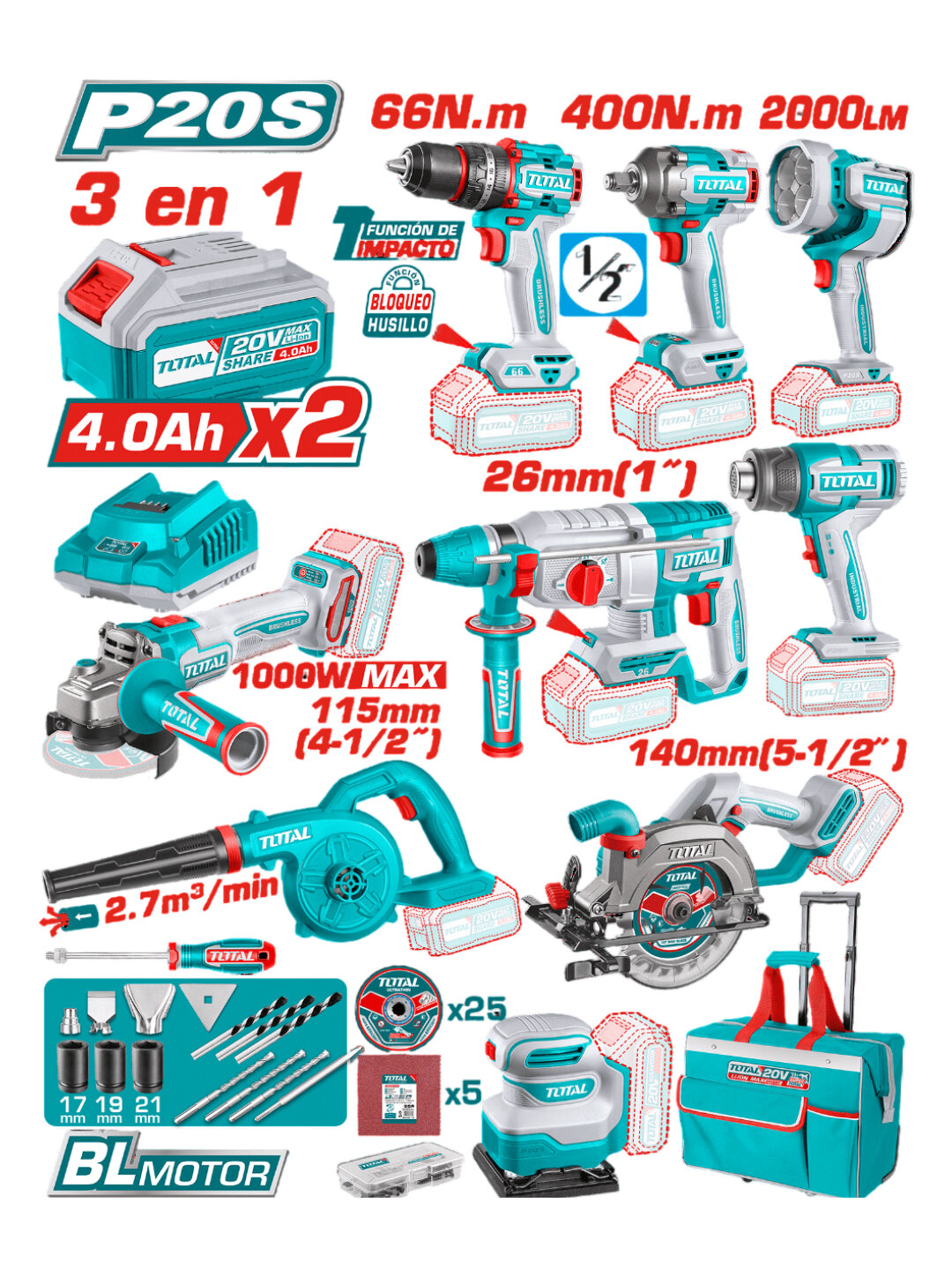 Набор инструментов TOTAL, гайковерт, дрель-шуруповерт, перфоратор, 20В, 47 предметов