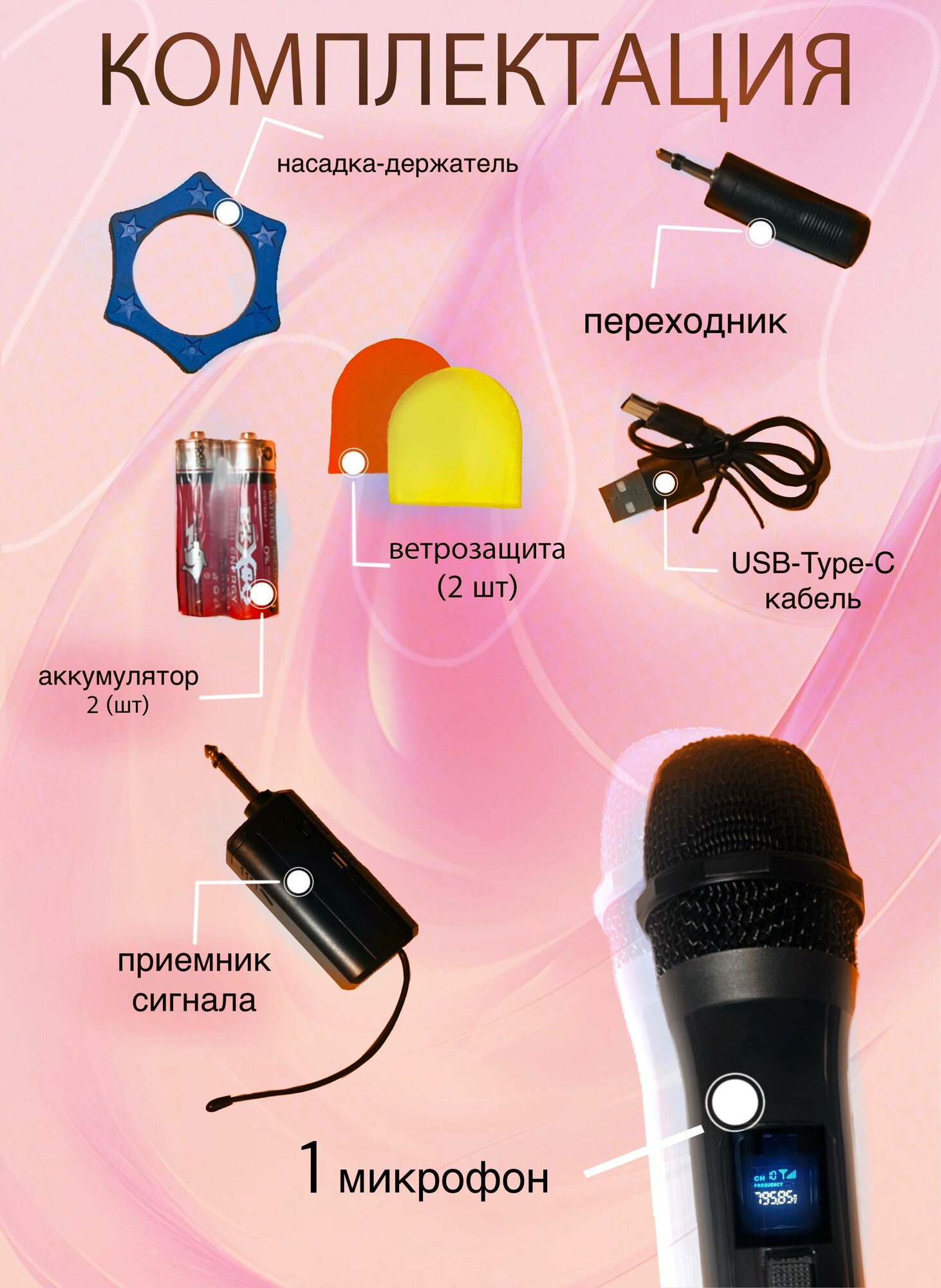 Микрофон, беспроводной, для вокала, с приемником, шумоподавление, Bluetooth — фото 1