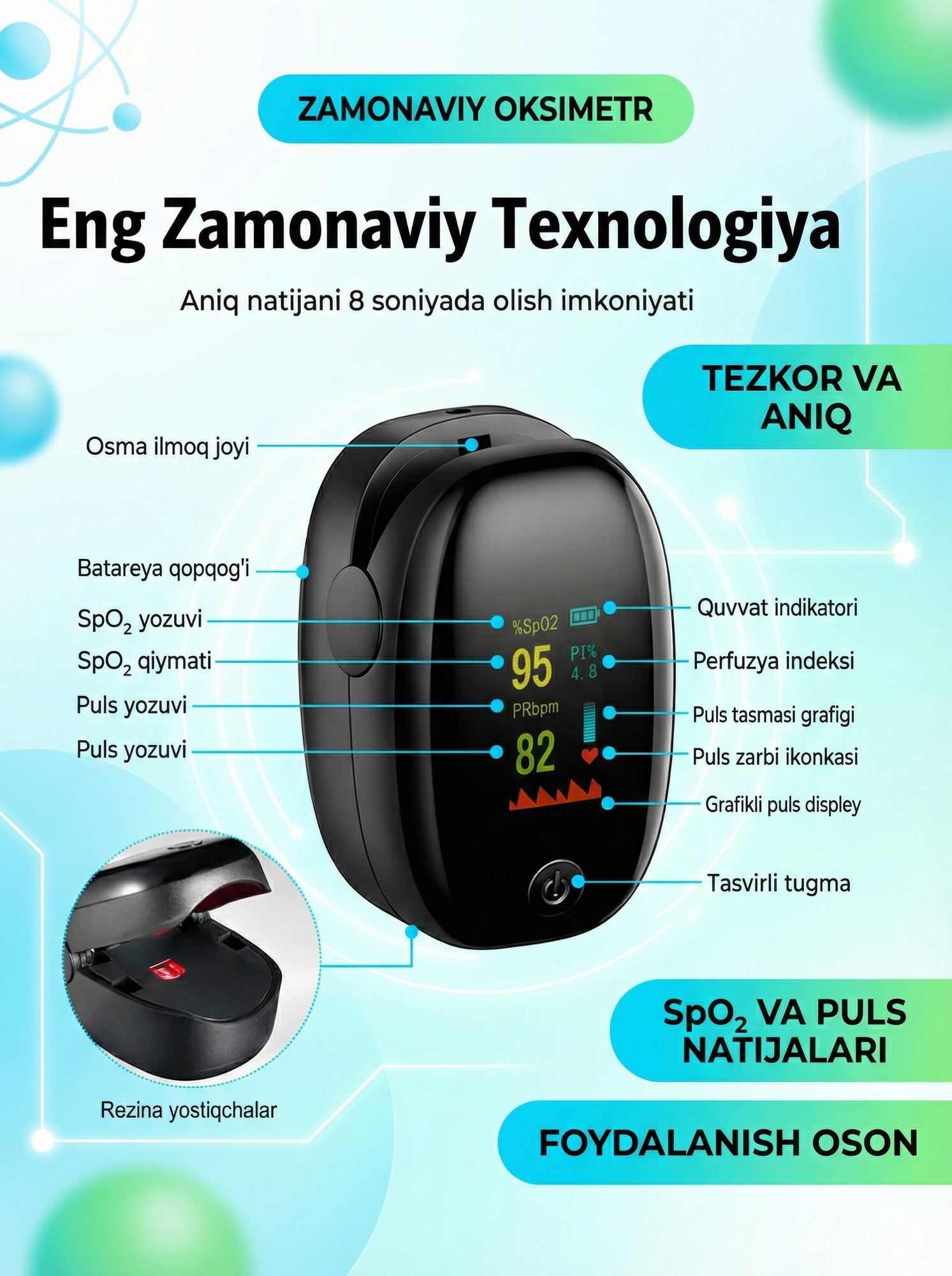 Пульсоксиметр пульсоксиметр SMH-01 для измерения SpO₂ и PR с дисплеем и батарейным питанием купить Ташкент оригинал