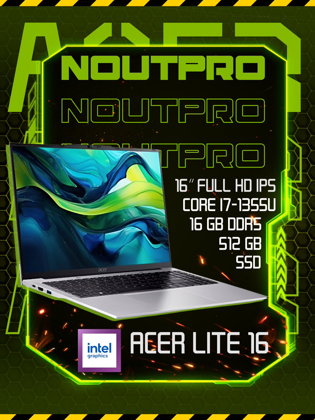 Ноутбук Acer Lite, Intel Core i7-1355U, RAM 16 GB DDR5, SSD 512 GB, 16″ Full HD IPS