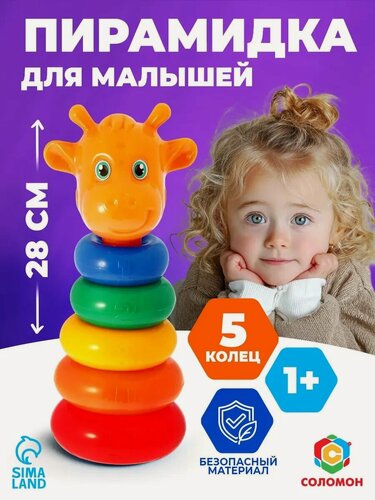 Изображение товара Пирамидка Соломон "Жирафик" 5 цветов колец, высота: 28см, для детей и малышей