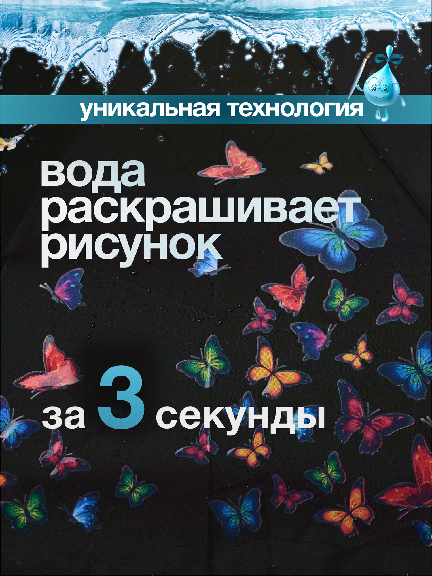 Зонт RAINDROPS, черный, белый — фото 1
