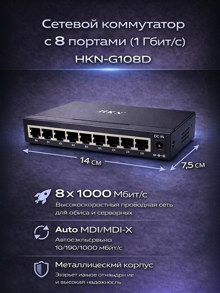 Сетевой коммутатор с 8 портами (1 Гбит/с). HKN-G108D — фото 1