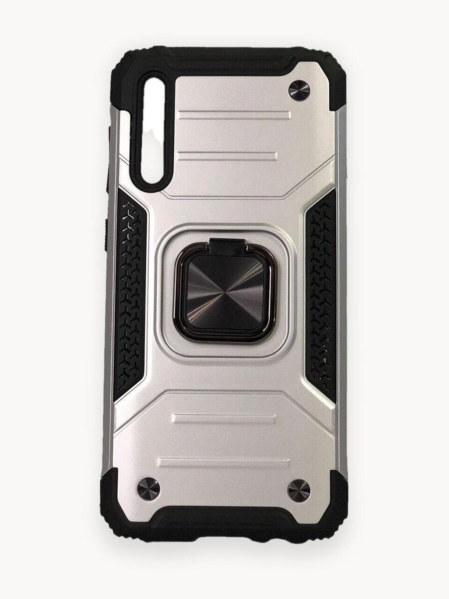 Противоударный чехол для Samsung Galaxy A50 A505, A50s, A30s серебро с пластиной и кольцом подставкой