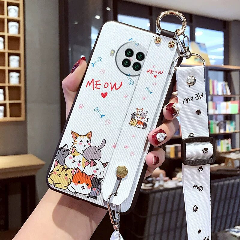 Силиконовый чехол для Redmi Note 9 Pro с круглым рисунком Кота, включает защитное стекло и шнурок для безопасности
