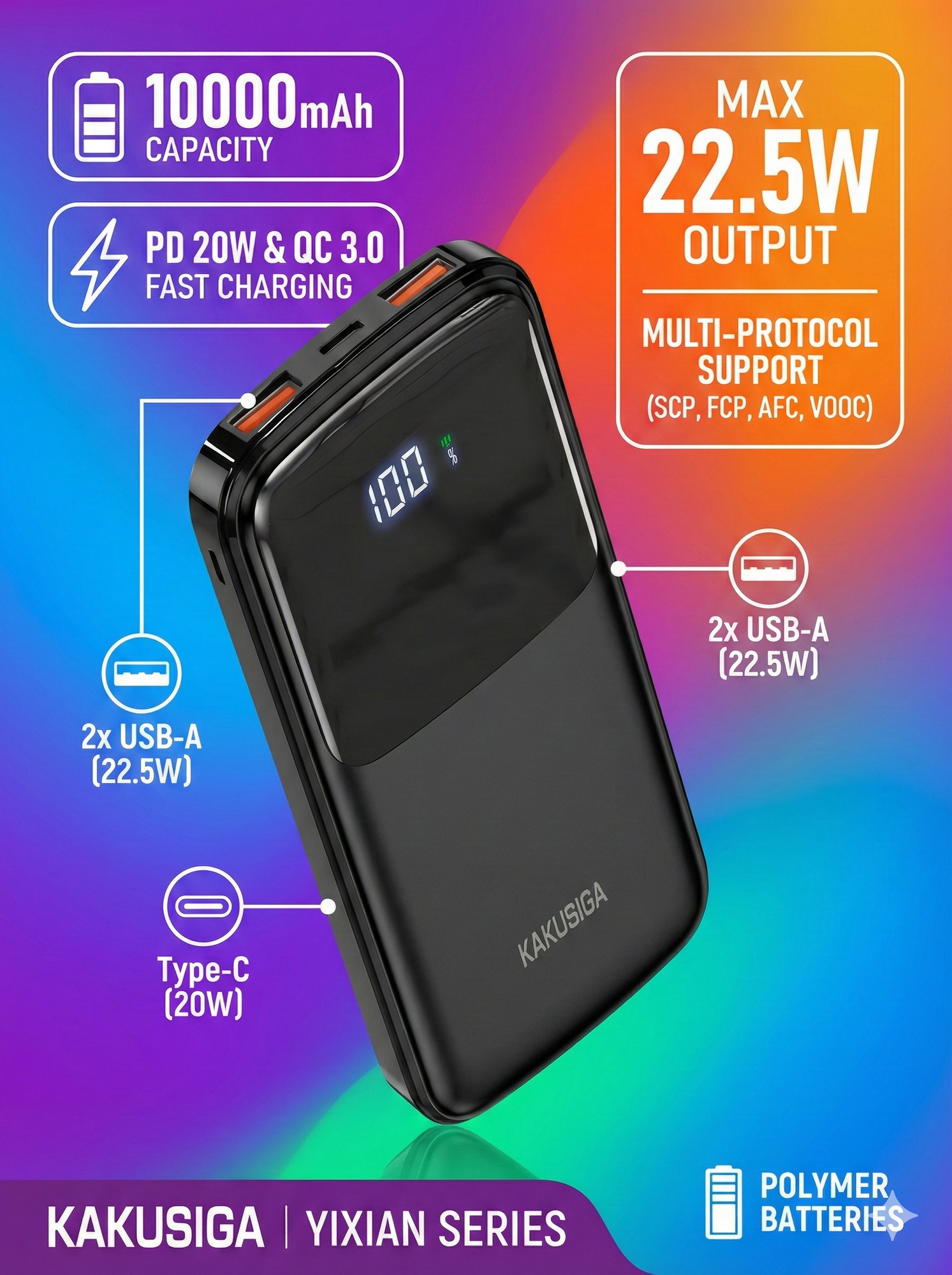 Портативный внешний аккумулятор KAKUSIGA KSC-681 10000mAh с быстрой зарядкой и компактным дизайном, оригинал