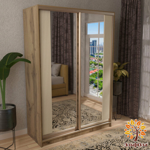 Изображение товара ЭльфОла Шкаф-купе "Вертикаль" 152х60х220 см, цвет дуб вотан/золото/накладка слоновая кость, с зеркалом, для одежды, двухдверный