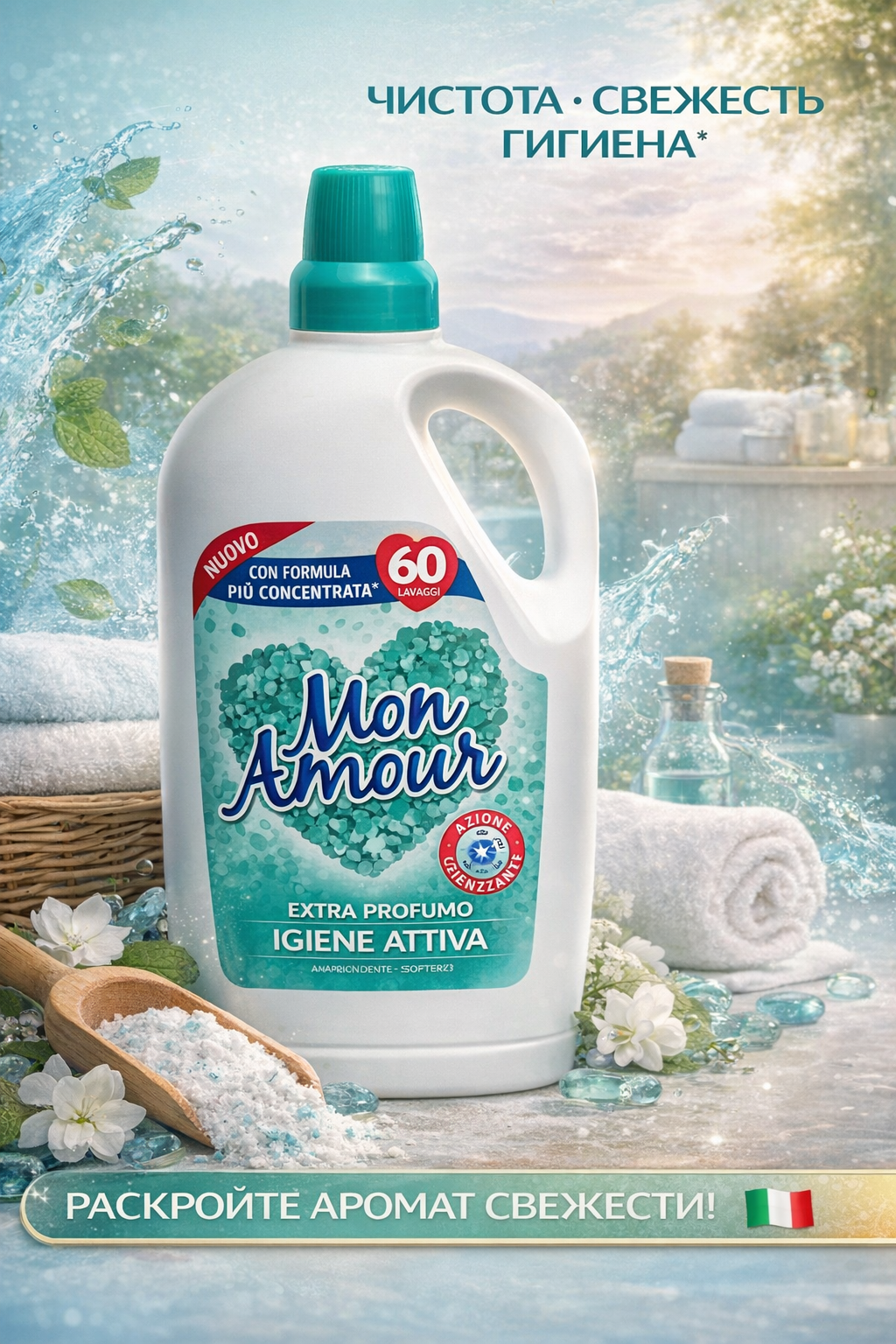 Кондиционер-смягчитель Mon Amour, Active Hygiene (Активная гигиена), для 60 стирок