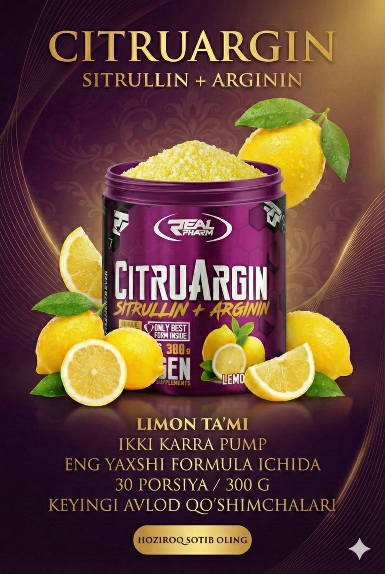 Real Pharm CitruArginin со вкусом лимона, 300 г — 30 порций для энергии и поддержки восстановления