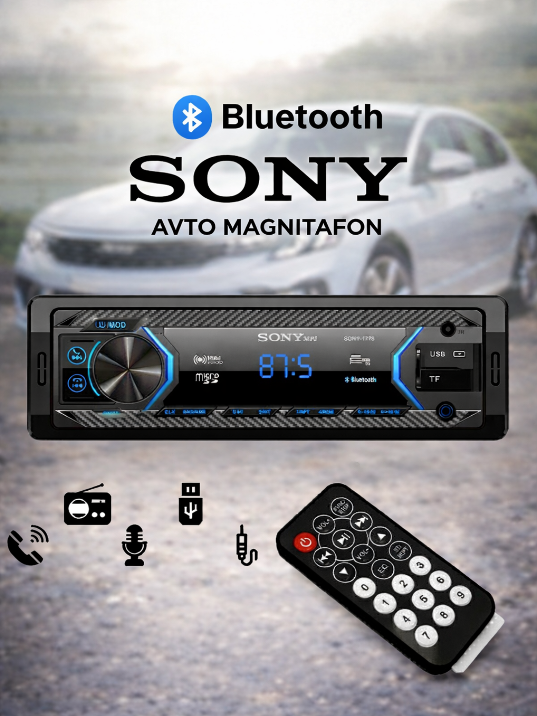 Автомагнитола Sony 1DIN Bluetooth MP3 USB TF AUX, Hands-Free, цифровой дисплей, пульт ДУ
