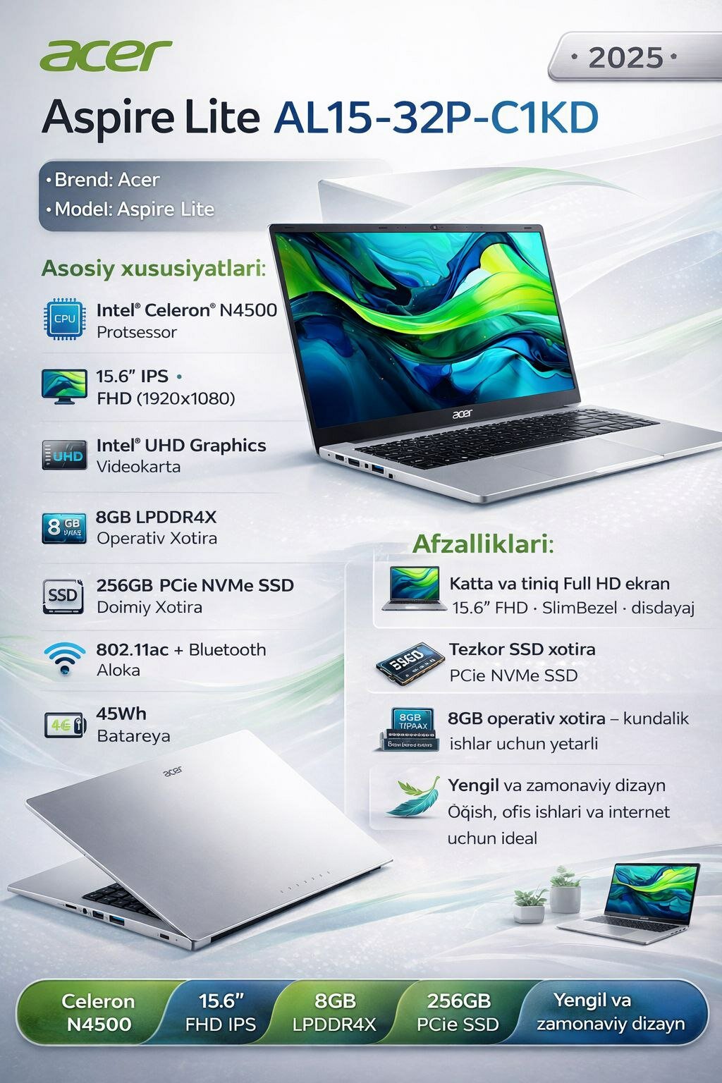 Ноутбук Acer Aspire Lite AL15-32P-C1KD / Intel Celeron N4500 / 8GB RAM / 256GB SSD / 15.6" FHD IPS / Silver