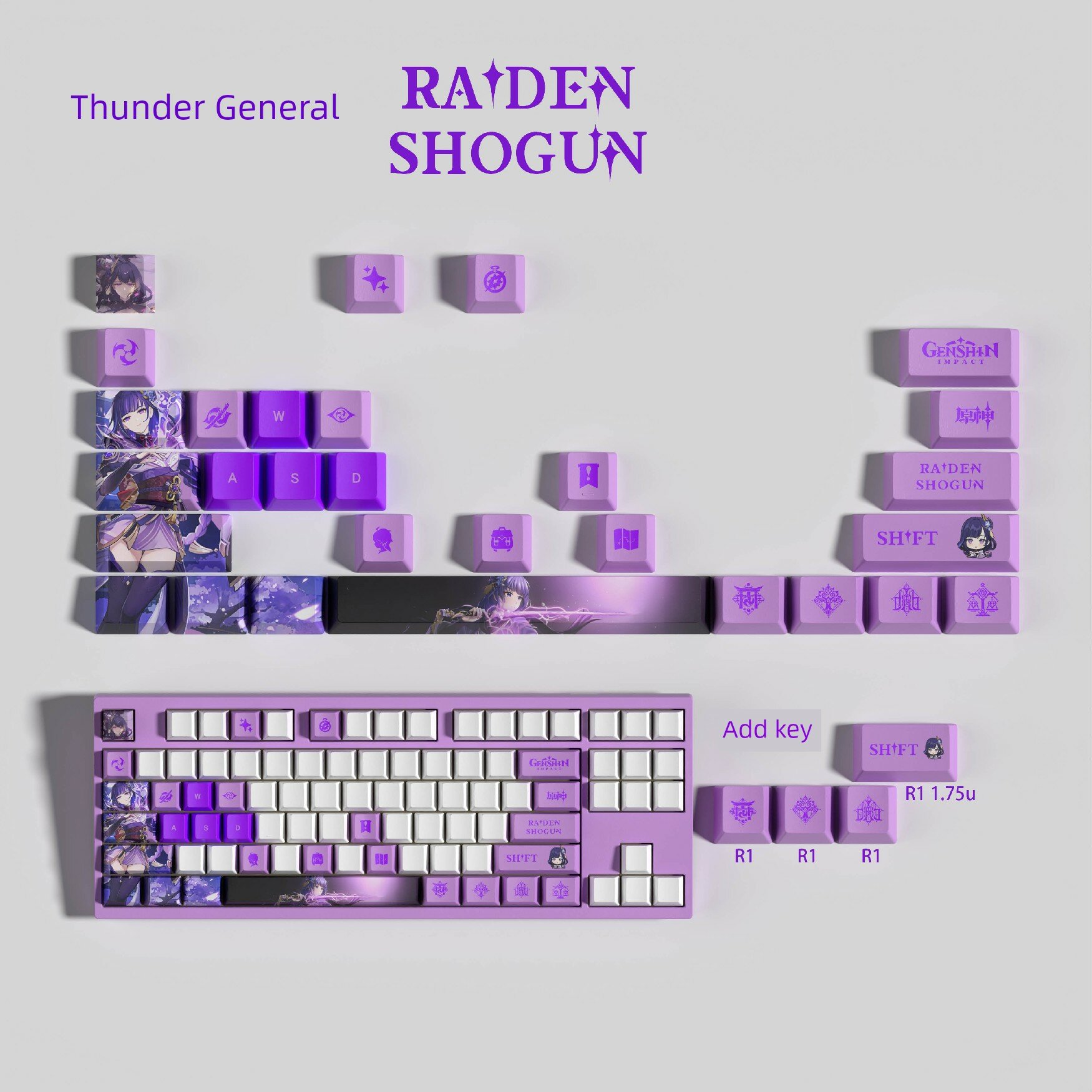 Клавиатурные накладки Genshin Impact Raiden Shogun 29-ключевые из PBT для механической клавиатуры - Премиум качество