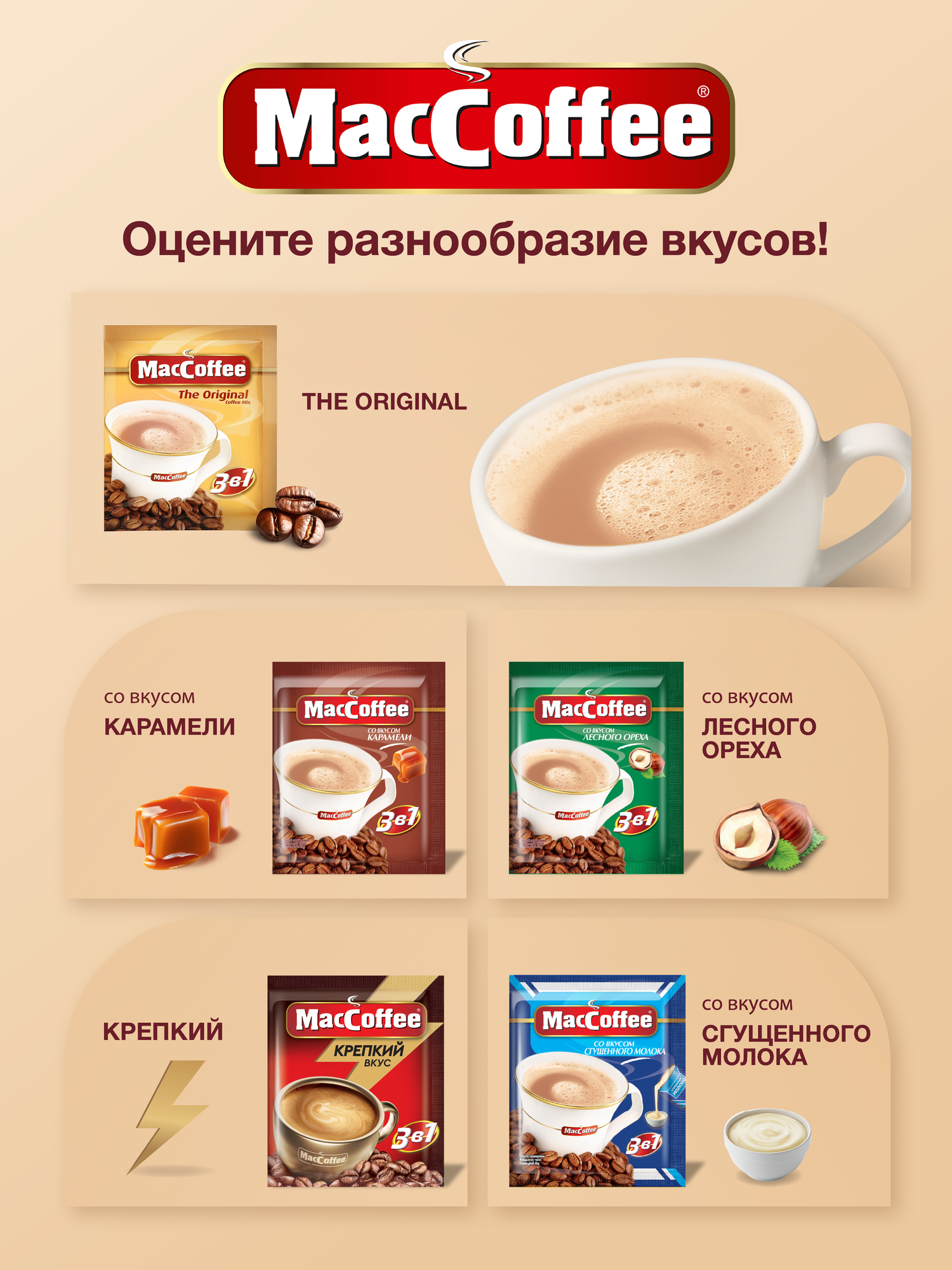 Растворимый кофе MacCoffee The Original 3 в 1, в пакетиках, 50 уп, 1000 г — фото 1