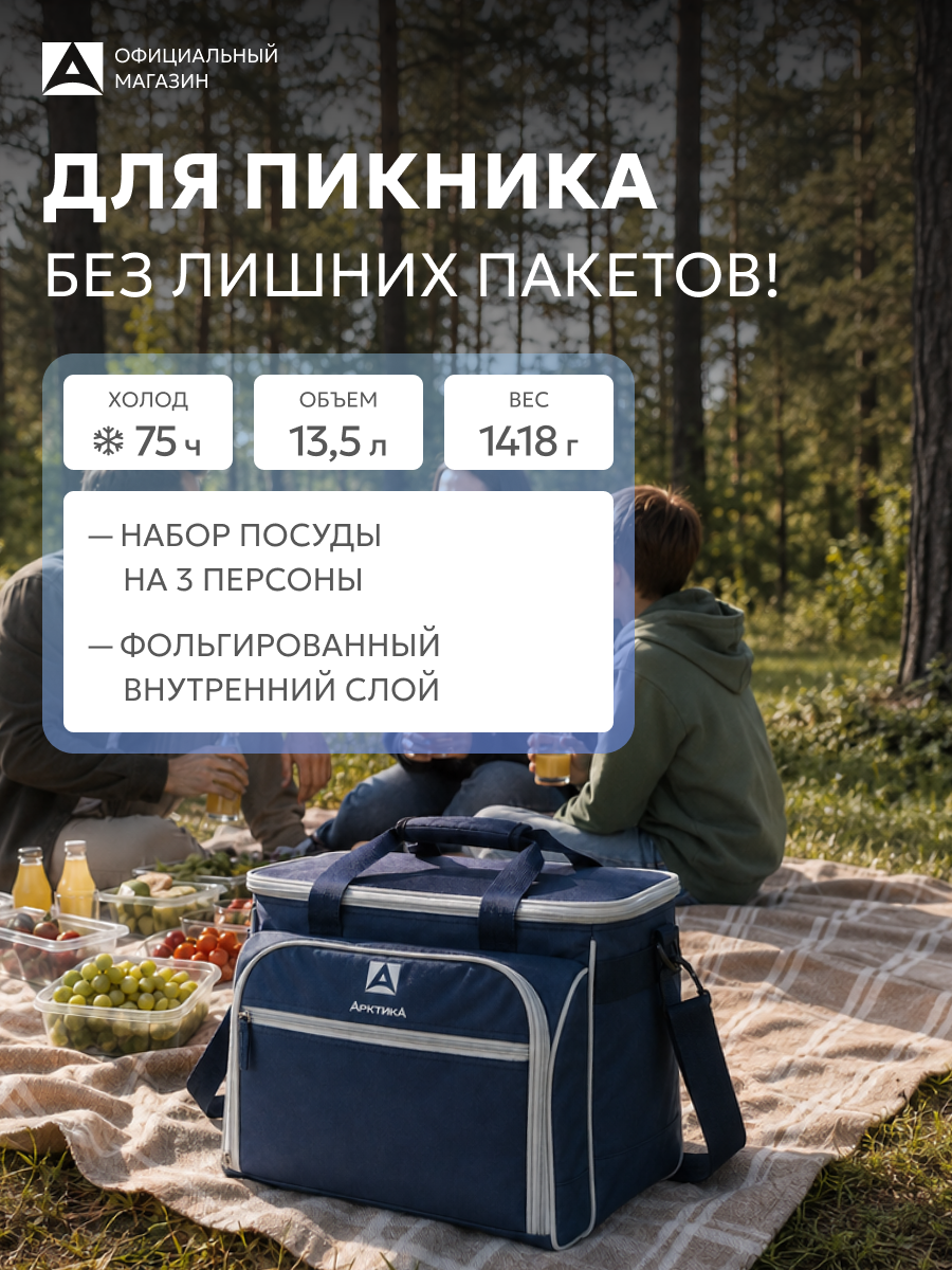 Набор для пикника с посудой на 3 персоны 13.5 л/сумка холодильник Арктика 4100
