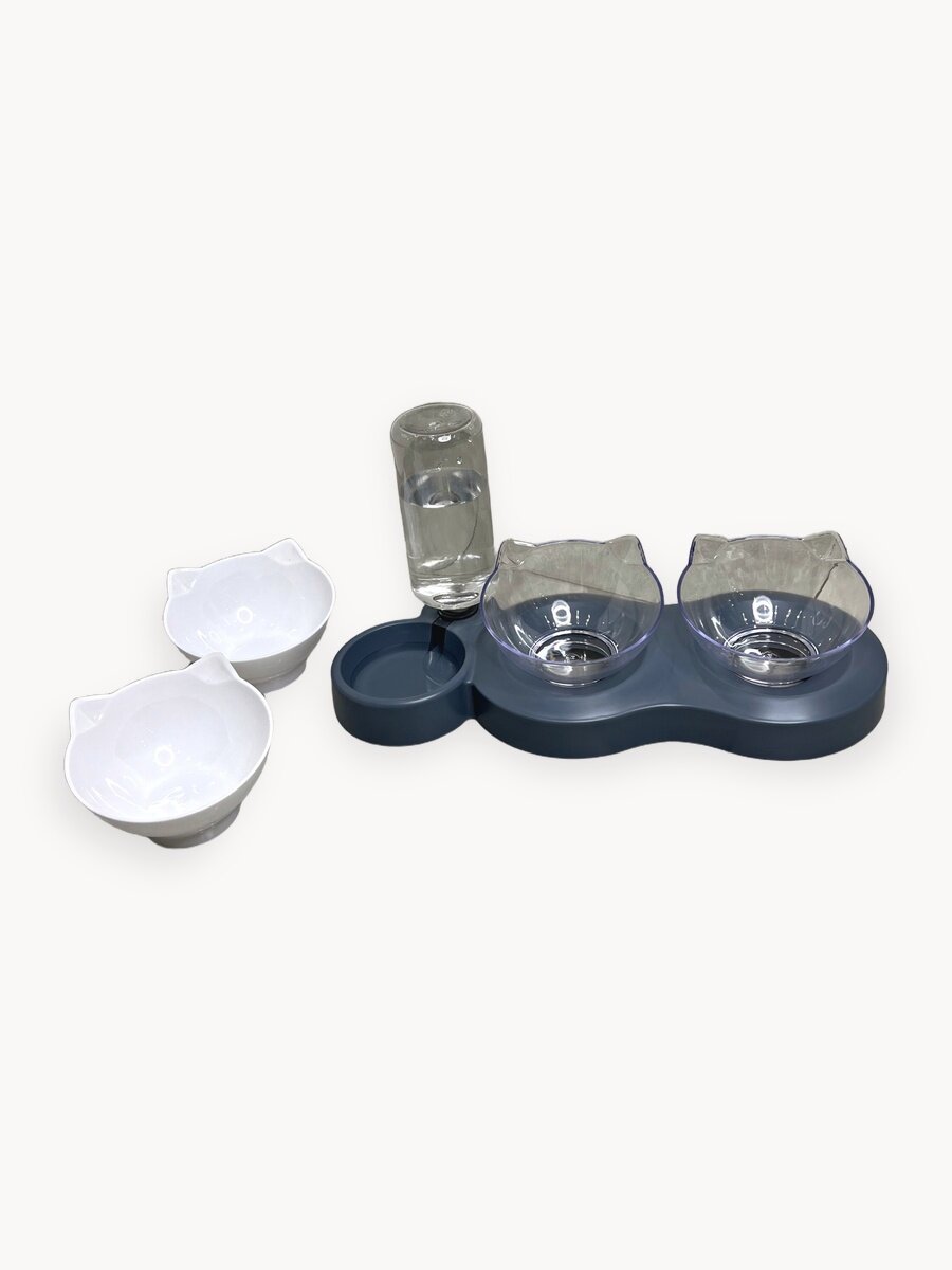 Миски для животных, кошек, собак c автопоилкой тройная серая, дополнительные сменные миски в комплекте