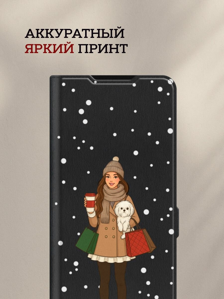 Чехол-книжка на Xiaomi Redmi Note 12 4G / Сяоми Редми Нот 12 4G с рисунком Девушка с собачкой, черный — фото 1