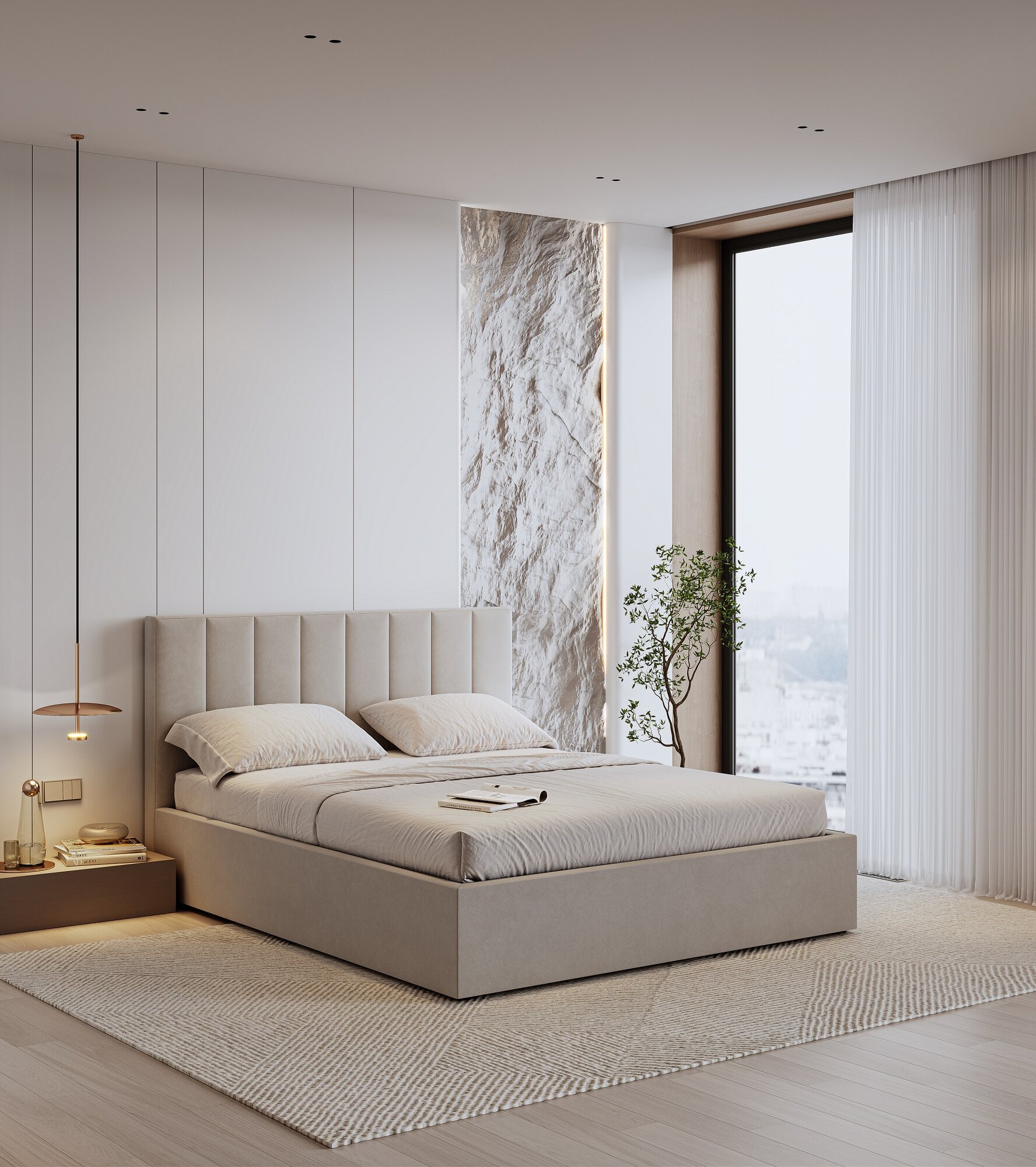 Двуспальная кровать Аврора, с подъемным механизмом, бежевый велюр , 160х200 см, Fansa