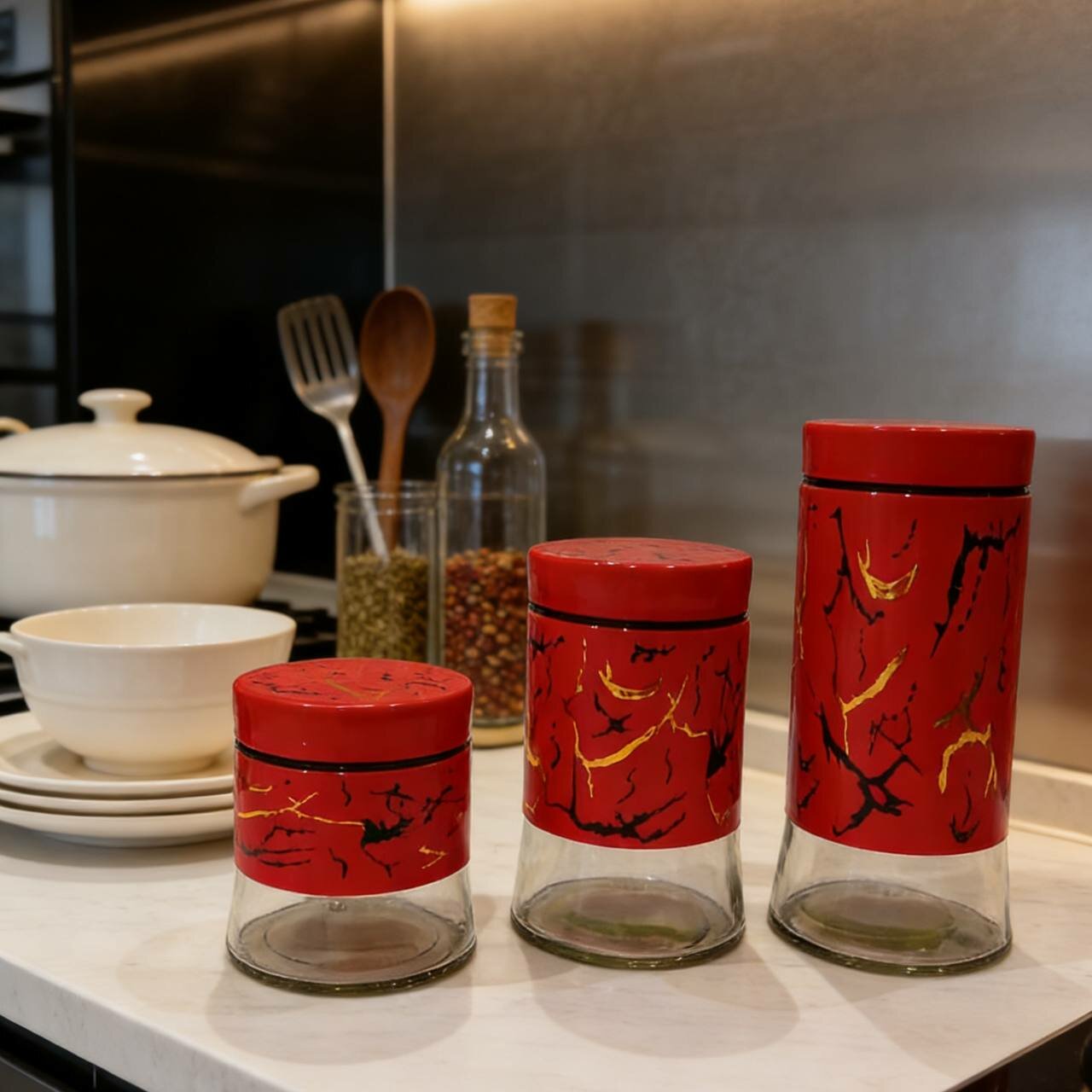 Набор керамических банок для сыпучих продуктов,3 шт, красная, для специй