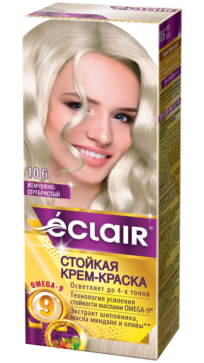 Крем-краска ECLAIR-Omega 10,6 " Жемчужно-Серебристый", с добавлением масел Омега-9, 100 мл,