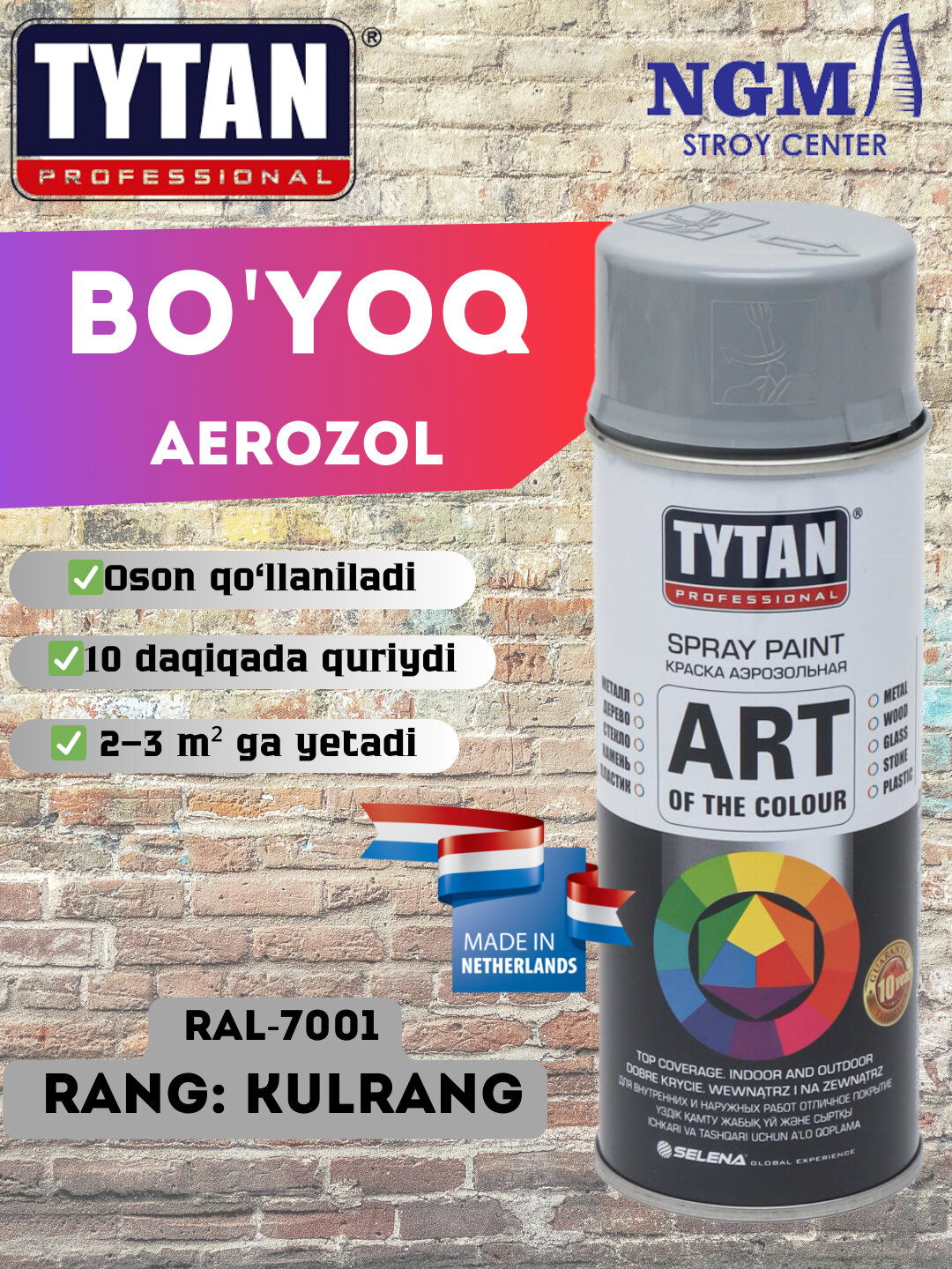 Краска аэрозольная Tytan 001957, серая, универсальная, для грунтовки и окраски — фото 1