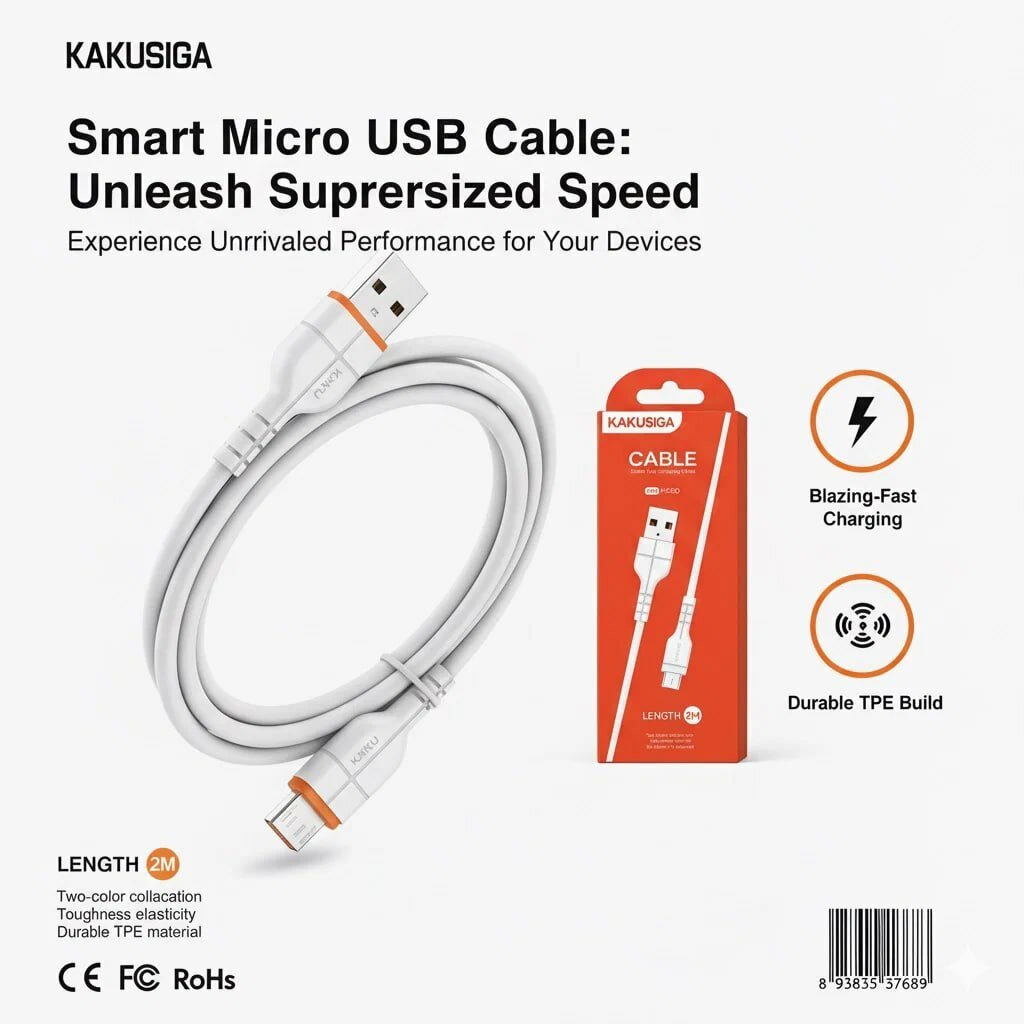 Кабель Kakusiga, Micro USB, быстрая зарядка, длина 2 м, белый — фото 1