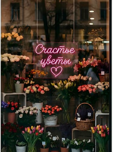 Изображение товара Неоновая вывеска "Счастье цветы сердечко" 58х47 см, неоновая надпись, LED светильник для цветочного магазина