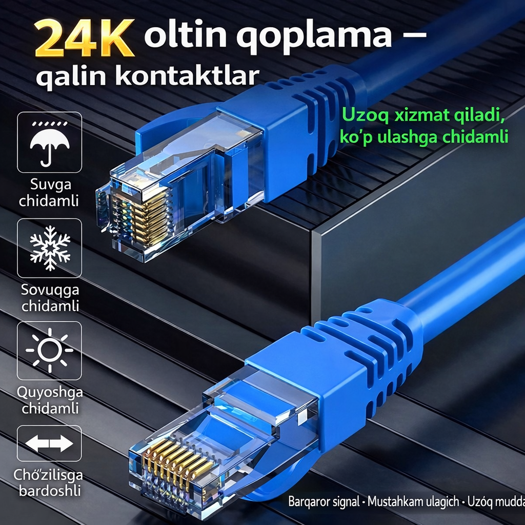 Ethernet-кабель RJ45 с позолоченными контактами 24K — прочный и стабильный сигнал