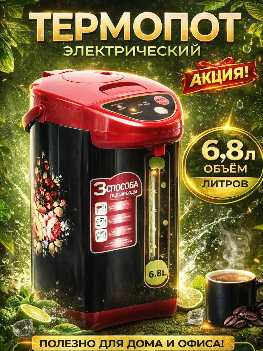 Термопот-термос-чайник Emerald, металлический корпус, 6.8 л внутри с кольбой