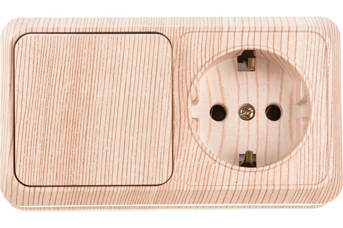 Блок розетка с выключателем одноклавишным горизонтальный 10(16)А-250В, IP20, ОУ, сосна