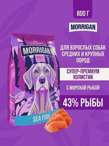 Изображение товара Сухой полнорационный корм для собак средних и крупных пород со вкусом морская рыба 800г Morrigan Холистик